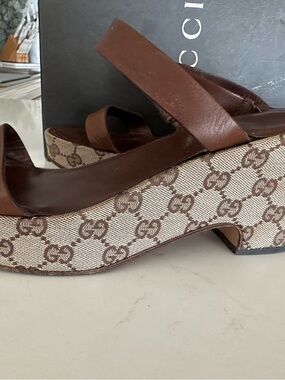 Gucci Brown GG Canvas Low Block Heel Sandals